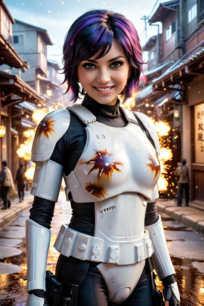 watercolor splash photo sabine wren, big breast ,big smile, ], wearing storm trooper armor at tanzaku town. art by aliza razell, vibrant, beautiful, low light, artistic, high-energy, detailed, iconic, colorful explosion