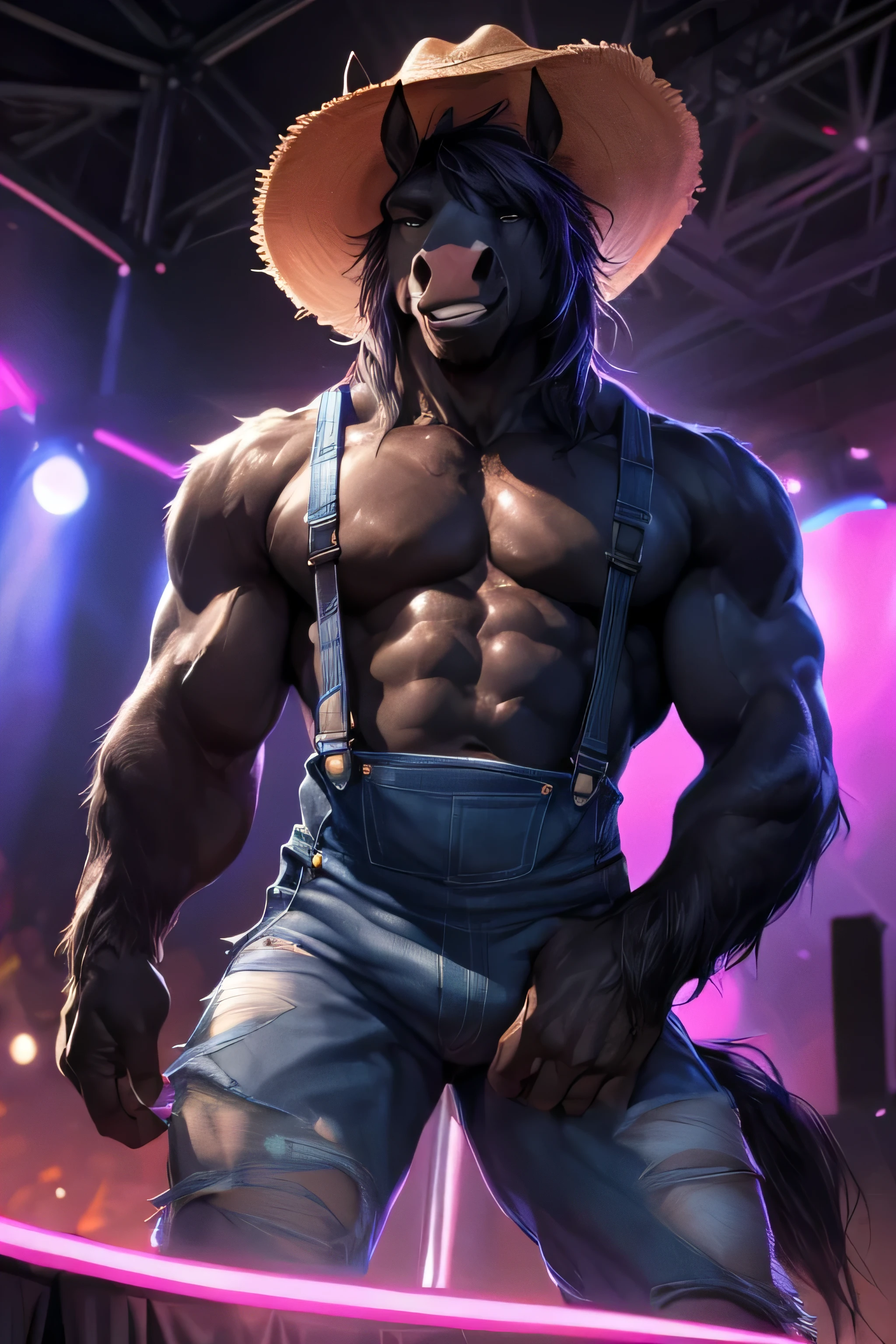 2d, masterpiece, best quality, 4k, 8k, ultra highres, raw photo in hdr, sharp focus, photo realism, real life like, detailed background, hi res,perfect eyes, (by null-ghost, by thebigslick, by darkgem, by honovy), (((nude))) (((male))) (strip club, neon lights, dark room), (((horse anthro, black body, blach hair, short hair))), pole dancing, (((dominant, alpha, grinning,))), (((on stage, stripping))) (((ripped jean shorts, overalls, suspenders, straw hat)))