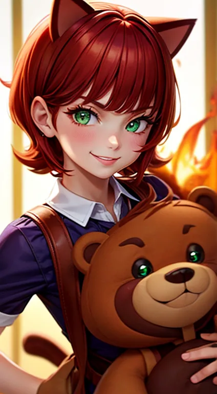 green eyes, annie, red hair, smiling, brown leather backpack, short hair, fake cat ears, long bangs, fire, teddy bear, tibbers, ...