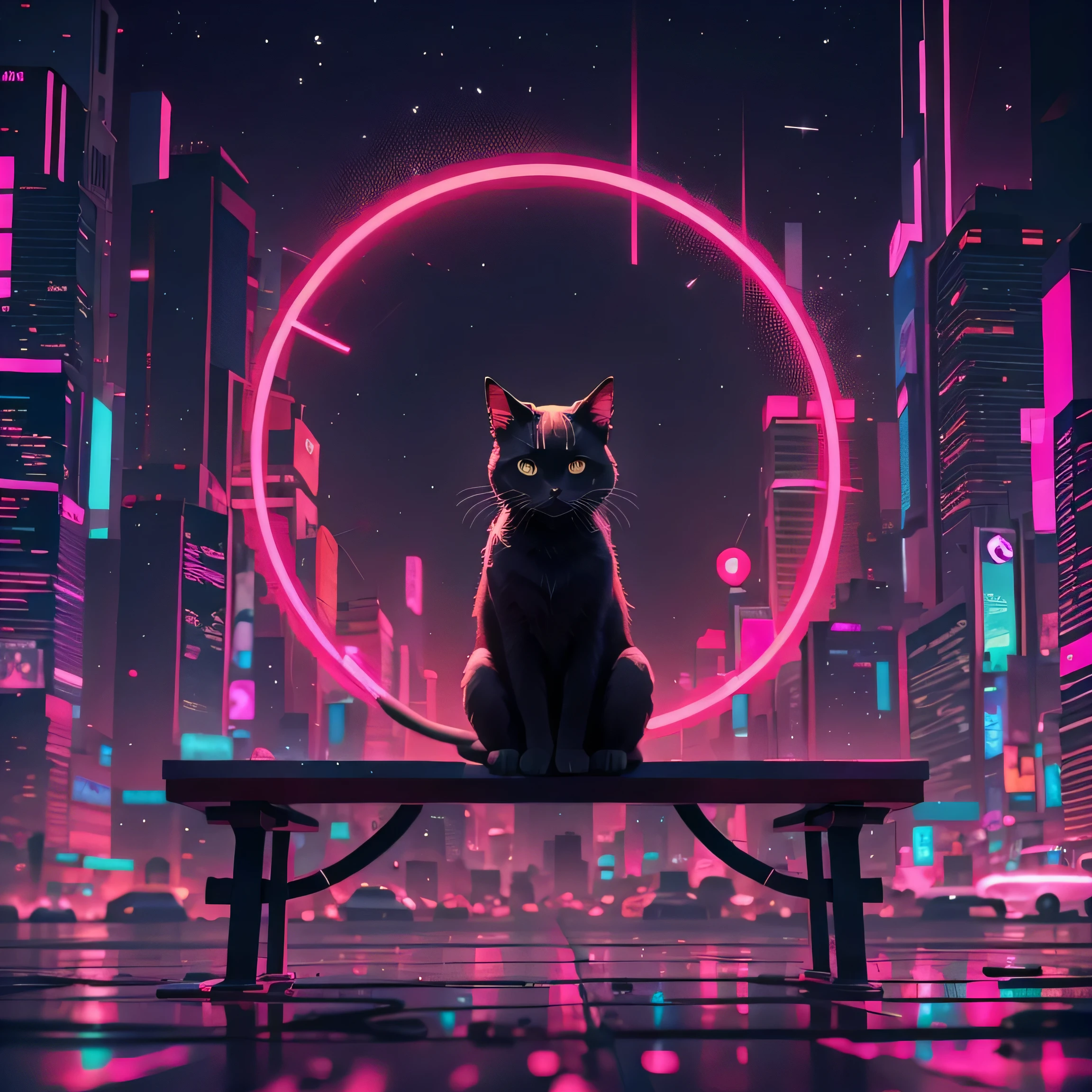 Um gato está sentado em um banco em frente a um círculo de néon, gato do vazio, símbolo do infinito como um gato, gato ciberpunk, Papéis de parede minimalistas, Gato Deus das Trevas, iluminação cinematográfica minimalista, orelhas de gato de metal e olhos brilhantes, Nekomimi, iluminação vermelha e cinematográfica, artístico. Alena Aenami, anime cat, Gato neon bonito