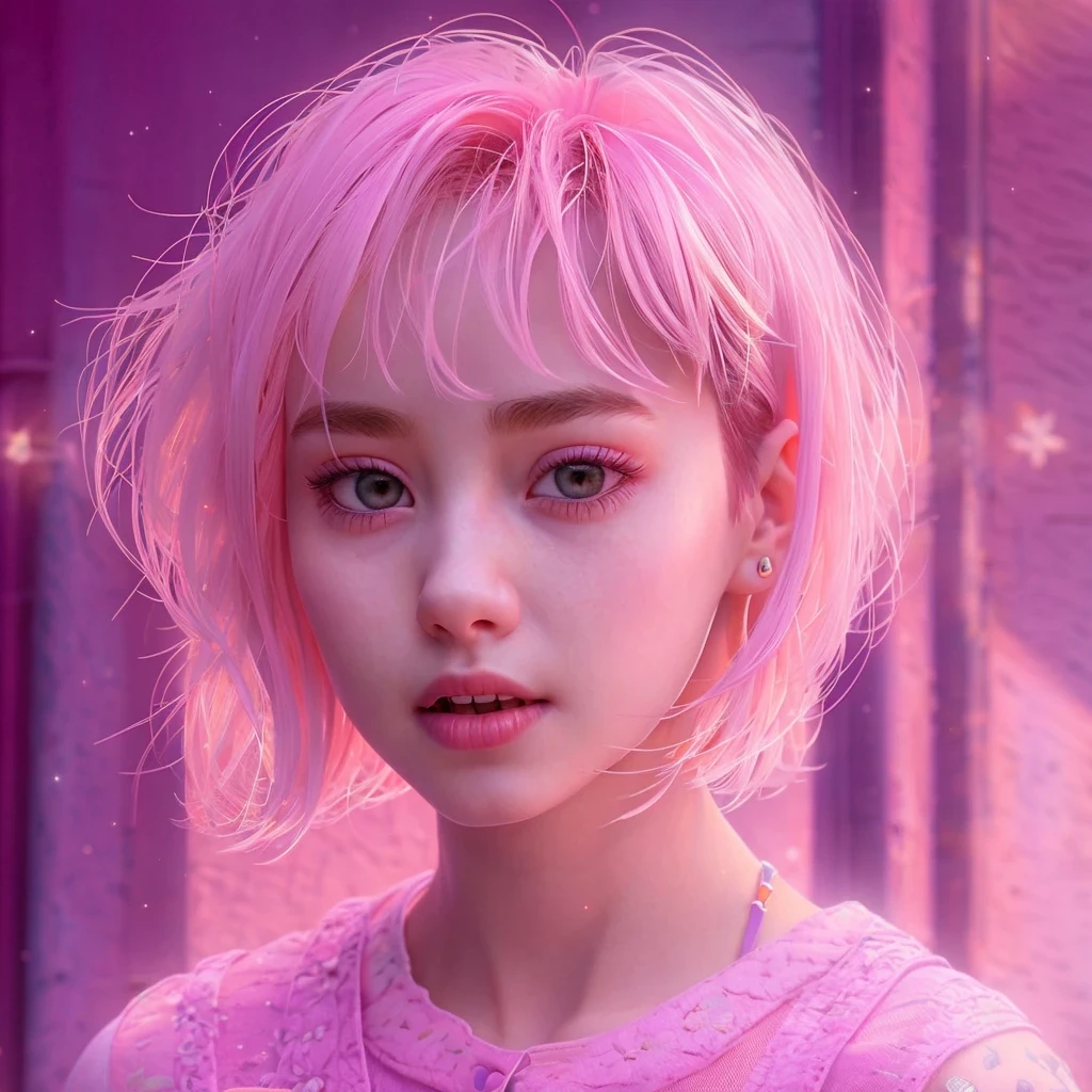 Suspender jeans(masterpiece, best quality:1.2), Very short hair, alone，Pale pink，Light rouge makeup（（（Short hair）））（minor）masterpiece， Outdoor backstreets，Lunar soil，best quality， movie lighting， soft light ,Realistic，facial close-up，Landscape avatar，666， （（1 girl））