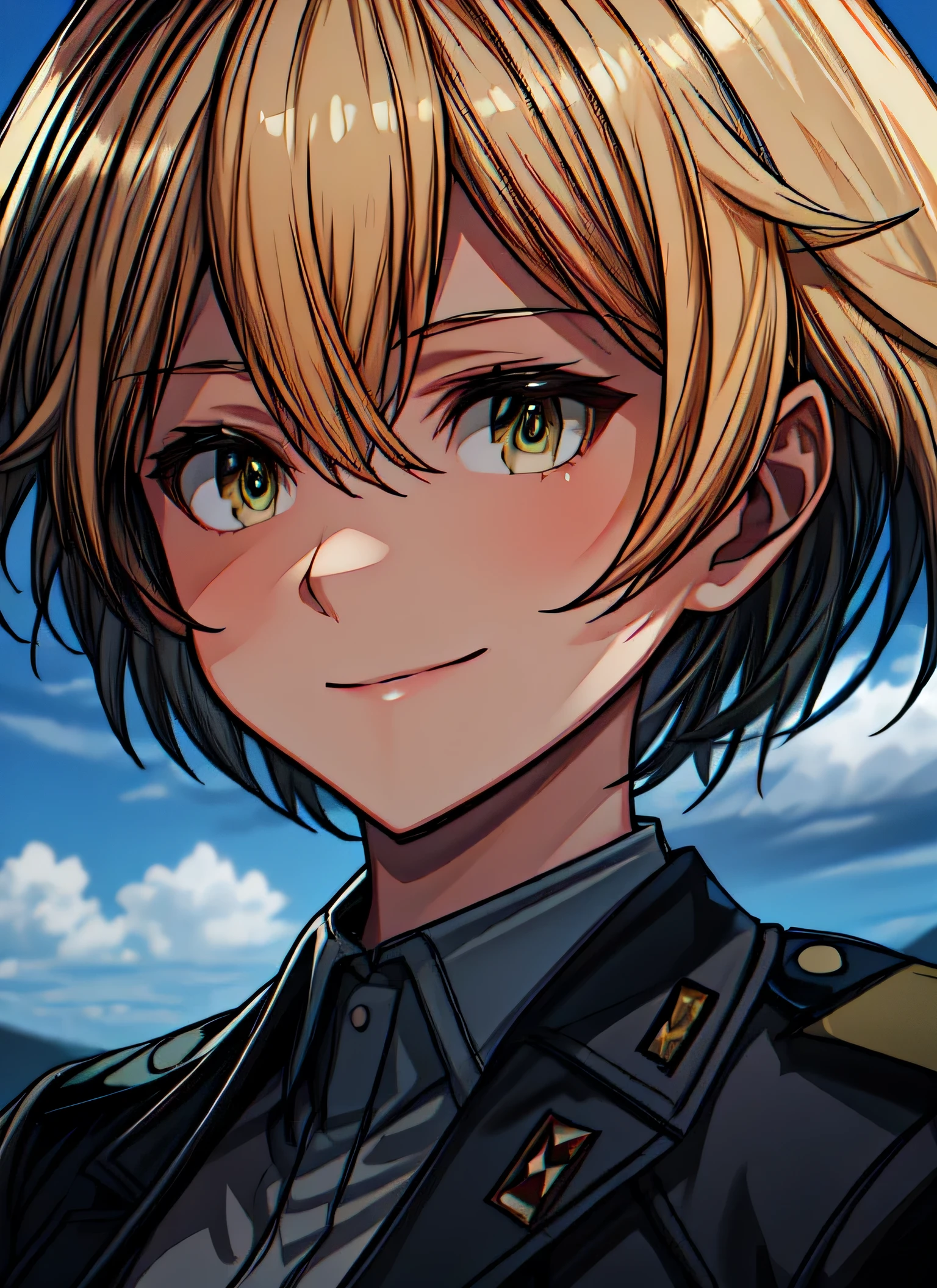 best quality, best quality, ultra-detailed, highres,sharp focus,(ultra detailed,extremely detailed), 1girl,(masterpiece, best quality), masterpiece, best quality, Krupinski, solo, smile, looking at viewer, military uniform, military airport, dim lighting, sky, clouds, dynamic angle
