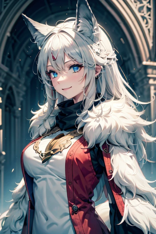 (best quality,4k,8k,highres,masterpiece:1.2),ultra-detailed,realistic,photorealistic:1.37, Fox woman with straight wavy white hair and blue eyes with an evil smile wearing a white and red kimono 