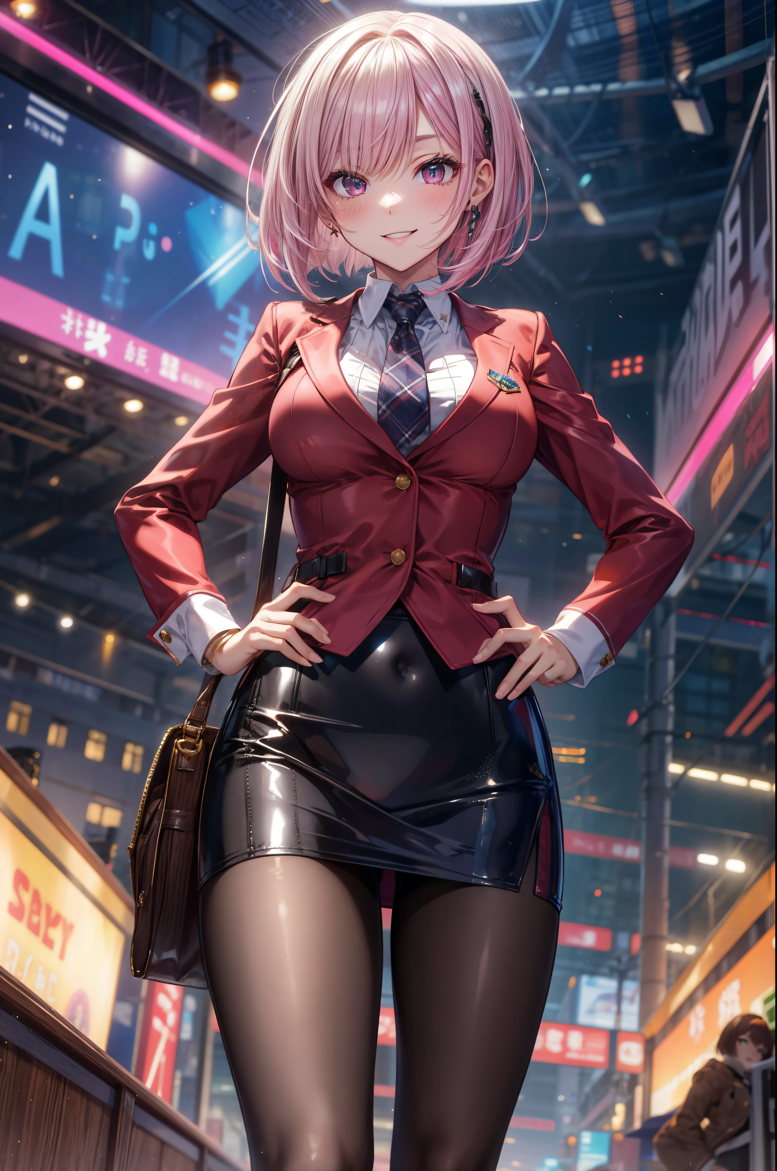 (Clothes that shine like a mirror), female teacher, silver skirt suit, (sexy secretary), pencil Skirt, 4 defined fingers, 1 defined thumb, looking at viewer, solo, 1 woman, 25 years old, AI generated, highest quality, masterpiece, skindentation, perfect face, 8k , cowboy shot, short hair, (pink hair1.5), bob cut, black eye, smile, thin thighs, medium breasts, perfect limbs, sexy, (visible nipples:0.8), (camel toe:0.5), black miniskirt, pantyhose, standing, hand on hip,