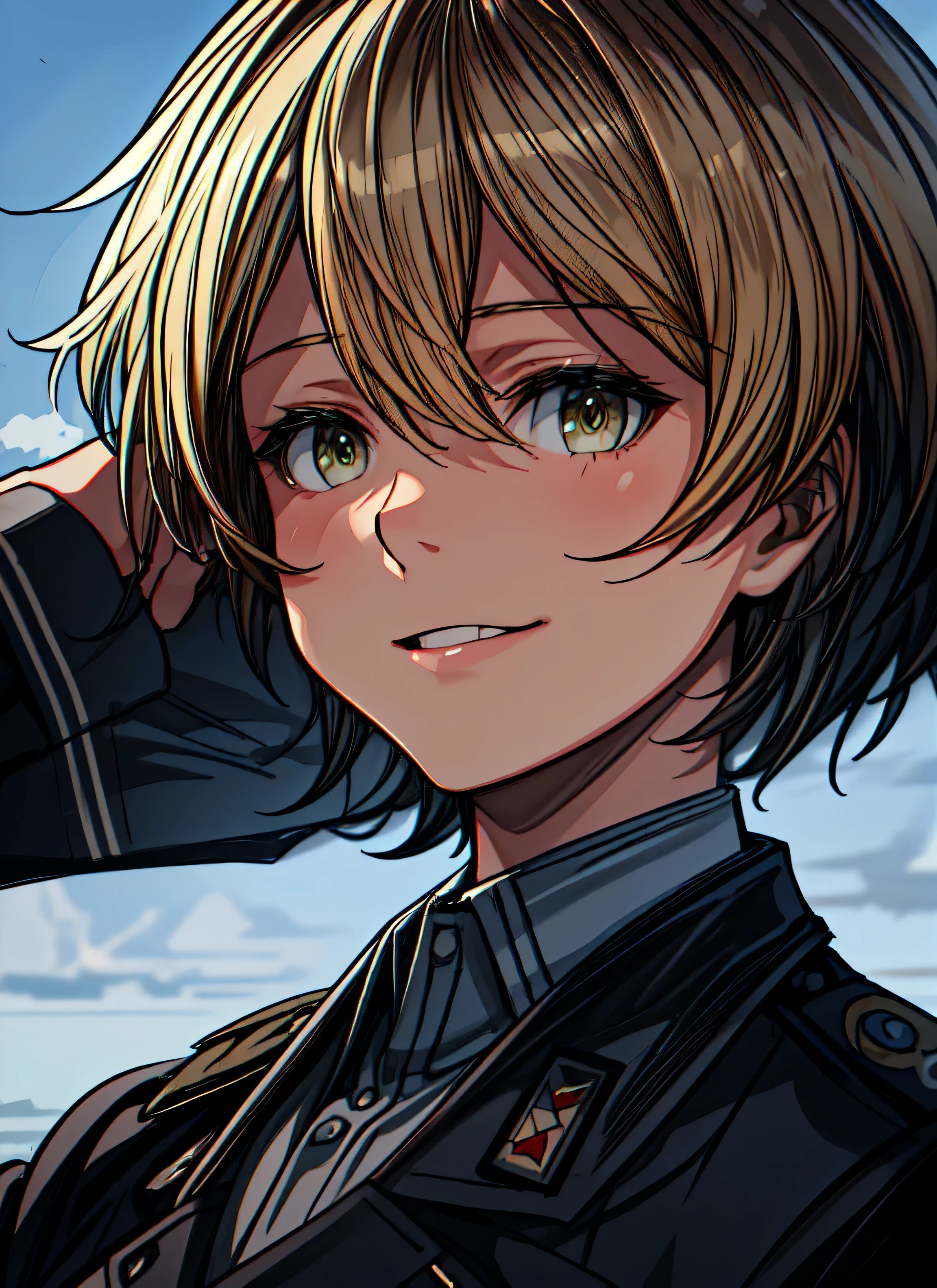 best quality, best quality, ultra-detailed, highres,sharp focus,(ultra detailed,extremely detailed), 1girl,(masterpiece, best quality), masterpiece, best quality, Krupinski, solo, upper body, smile, looking at viewer, military uniform, military airport, dim lighting, sky, clouds, dynamic angle
