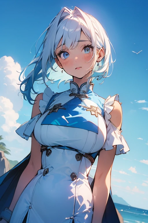 (Low Saturation:1.5),anime,1girl,pov,masterpiece,high quality,High resolution,HD,4K,8K,viscous paint,photo realistic,white hair,(Blue clothe:1.5),Nurse,Ao Dai,Cape,(open shoulders:1.4),underbust,(Embodied breast　Wrinkles:1.2),(boob shaped clothes:1.3),