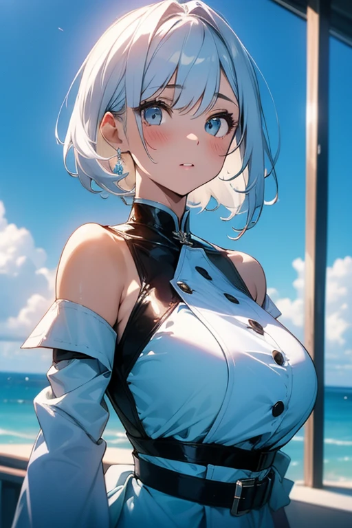 (Low Saturation:1.5),anime,1girl,pov,masterpiece,high quality,High resolution,HD,4K,8K,viscous paint,photo realistic,white hair,(Blue clothe:1.5),Nurse,Ao Dai,Cape,(open shoulders:1.4),underbust,(breasts contour wrinkles:1.2),(boob shaped clothes:1.3),