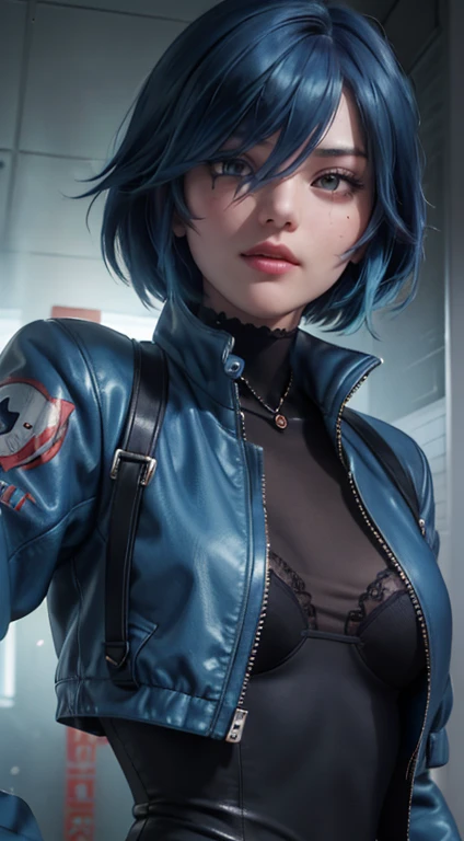 (masterpiece,detailed,high resolution:1.4) , Model photo, close up, detailed face, fine detailed eyes,, (Kirishima Touka),Blue medium hair,ghoul eye,vintage jacket,tokyo ghoul,retro futuristic background, Vibrant colors, HDR,, ,