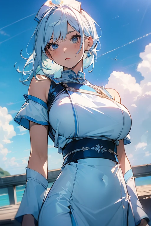 (Low Saturation:1.5),anime,1girl,pov,masterpiece,high quality,High resolution,HD,4K,8K,viscous paint,photo realistic,white hair,(Blue clothe:1.5),Nurse,Ao Dai,Cape,(open shoulders:1.4),underbust,(breasts contour fold:1.2),(boob shaped clothes:1.3),