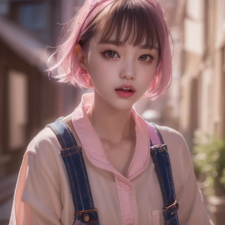 Suspender jeans(masterpiece, best quality:1.2), Very short hair, alone，Pale pink，Light rouge makeup（（（Short hair）））（minor）masterpiece， Outdoor backstreets，Lunar soil，best quality， movie lighting， soft light ,Realistic，facial close-up，Landscape avatar，666， （（1 girl））