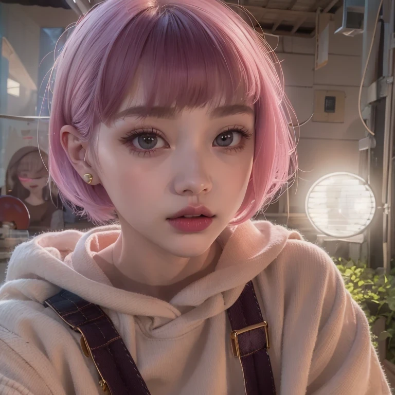 Suspender jeans(masterpiece, best quality:1.2), Very short hair, alone，Pale pink，Light rouge makeup（（（Short hair）））（minor）masterpiece， Outdoor backstreets，Lunar soil，best quality， movie lighting， soft light ,Realistic，facial close-up，Landscape avatar，666， （（1 girl））