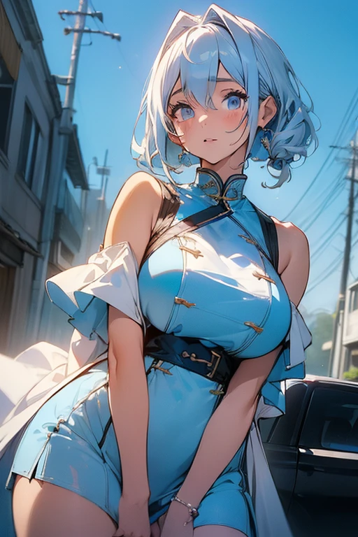 (Low Saturation:1.5),anime,1girl,pov,masterpiece,high quality,High resolution,HD,4K,8K,viscous paint,photo realistic,white hair,(Blue clothe:1.5),Nurse,Ao Dai,Cape,(open shoulders:1.4),underbust,(upperbreasts contour:1.2),(boob shaped clothes:1.3),