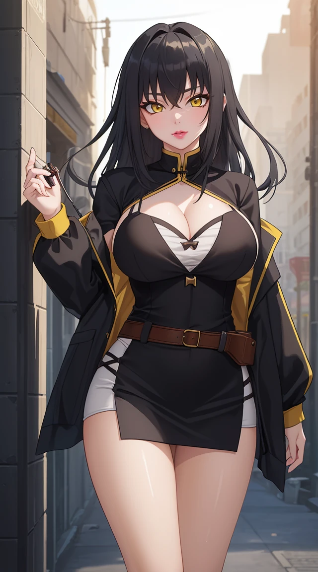 (masterpiece:1.4),(best quality:1.4),  soft light, movie bloom, Pretty Face, beautiful eyes, Cowboy shooting,
1 Girl, Solitary, Female Maturity, Black Hair, Long hair, (Yellow eyes:1.4), A bit big，Large bust，Cleavage，full-body shot, Uniforms, Middle School, hair intake, Exquisite eye details, Beautiful character design unified details 8k HDR, professional art, landscape, (Solitary:1.5, 1 Girl:1.4, Cowboy shooting:1.5), Sexy body, milf, 35-year-old girl, thigh, sexy waist, hapiness,