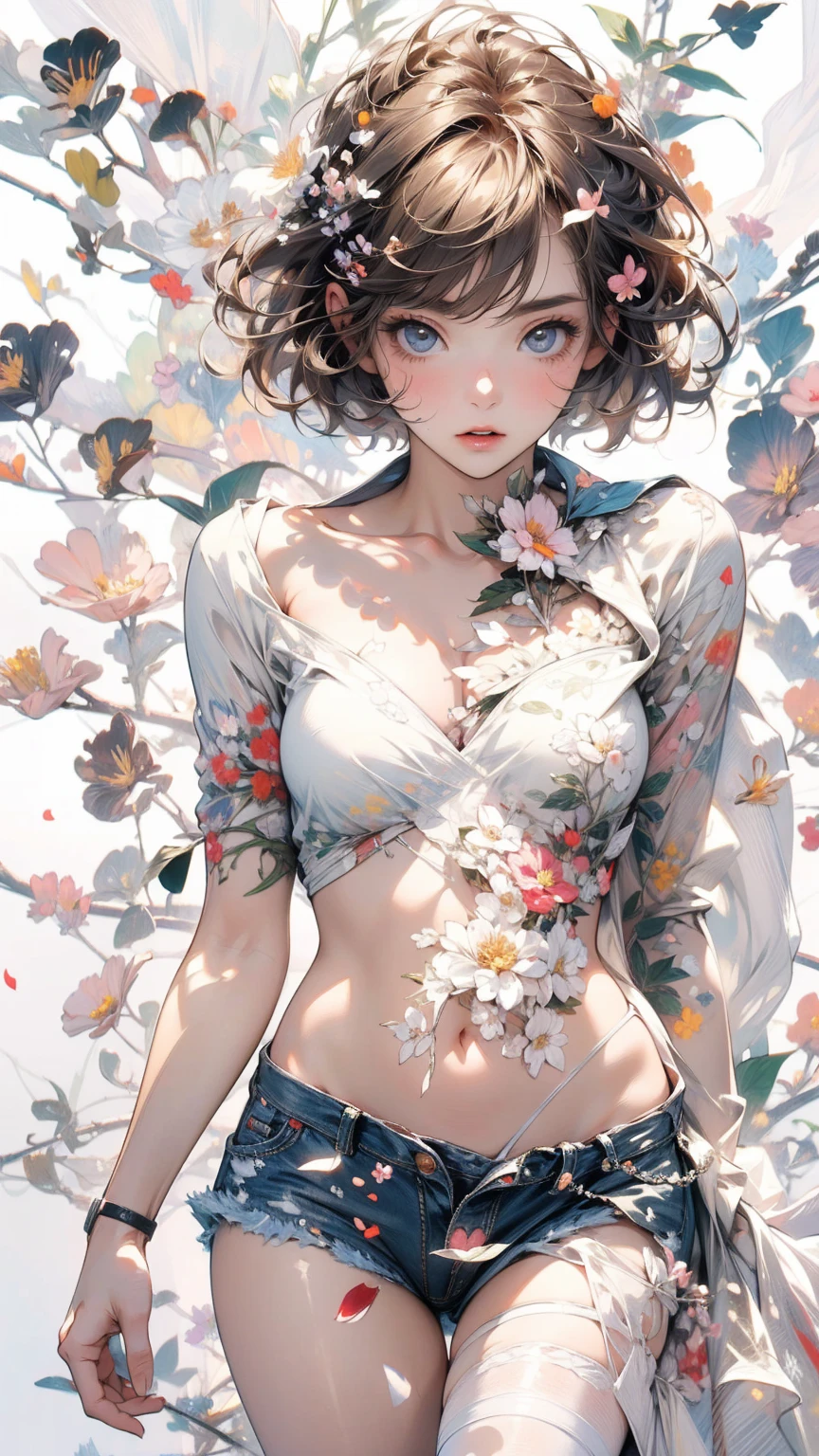 (masterpiece, High resolution, highest quality), Composition from head to thighs:1.3, Upper body focus, A naked 20 year old woman, Short Hair, Disorganized, Collage with petals, abstract design, Impressionism, artistic juxtapositions, White background, mixed-media approach, Anime Style, simple lines, Digital Painting,