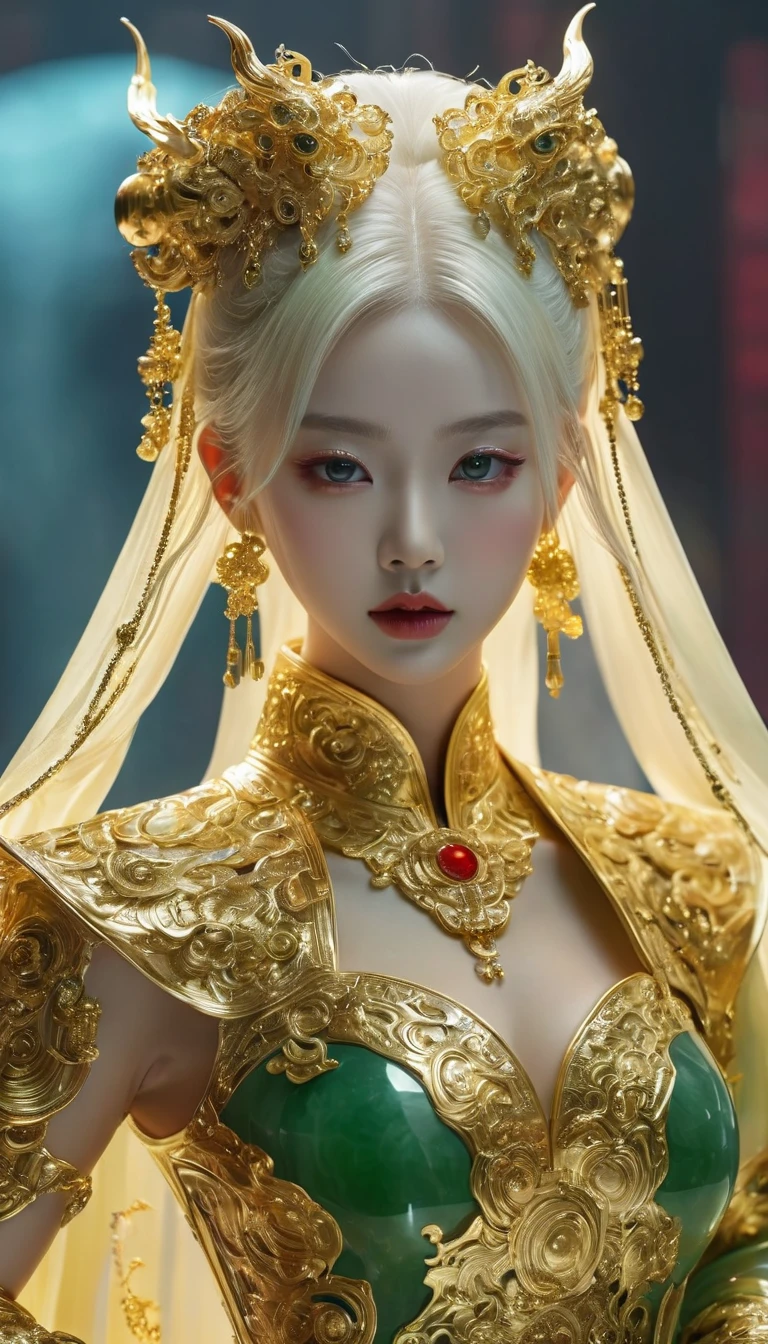 A fashion runway   , Exquisite facelook，vogue photography , Inspired by Chinese Xianxia and cyberpunk。(Best quality,4K,8K,A high resolution,Masterpiece:1.2), (Realistic,Photorealistic,photo-realistic:1.37).Gold inlaid jade style，Shiny，Exquisite，Hell Girl，Riding the Ruby Monster