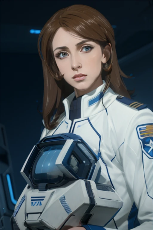 ぴったりとした白い宇宙服を着た、手前のゴージャスな女性戦闘機パイロット, 茶髪, 青い目, 士官階級, ヘルメットをかぶる.   背景にある洗練された迎撃宇宙船.