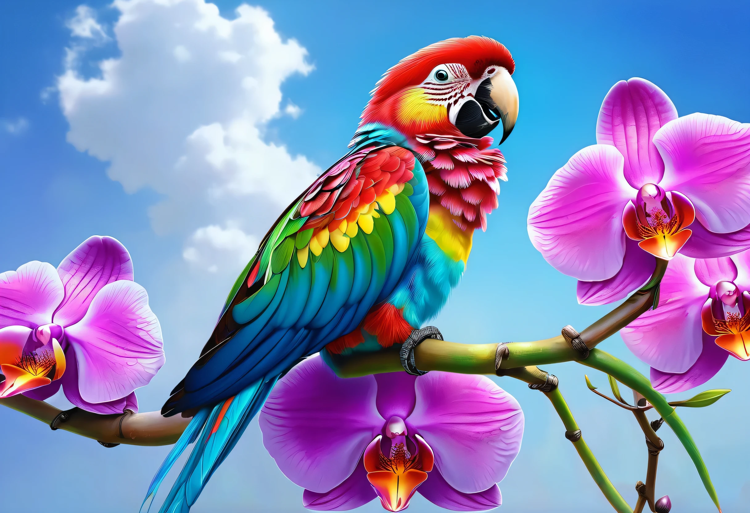 Against the blue sky、Brightly colored parrot perched on a pink orchid branch, Airbrush paintings inspired by Charles Bird King, CG society hot topic, Psychedelic Art, colorful hd images, Colourful and detailed, beautiful and colorful, beautiful colorful, Multicolored birds, Detailed painting 4k, High definition color, Vivid and rich colors, Beautiful bright colors