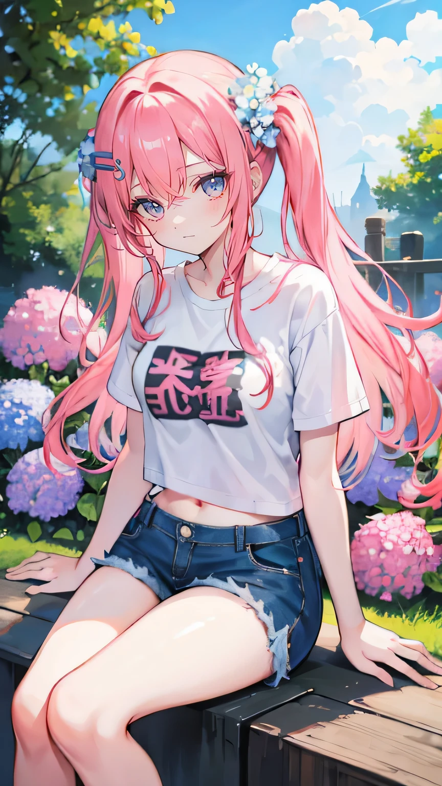 Coral pink hair，Long hair，hair over one eye，Gray eyes，feather hair ornament，cute，Girl，laughing expression，Short sleeves with open shoulders，Denim shorts，Navel，Wearing sneakers，Sitting on the ground，whole body，Don't show your arms，Background is hydrangea，Lots of hydrangeaany clouds