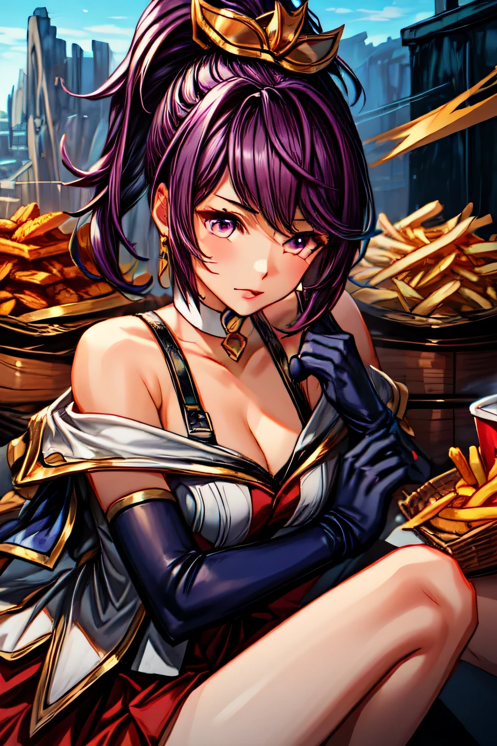 (masterpiece, best quality), intricate details, 1girl, quinn \(league of legends\), 1girl, hair ornament, elbow gloves, dress, ponytail, purple hair, bare shoulders, choker, skirt, apuspill, laying down, french fries, spilled food, crying,
