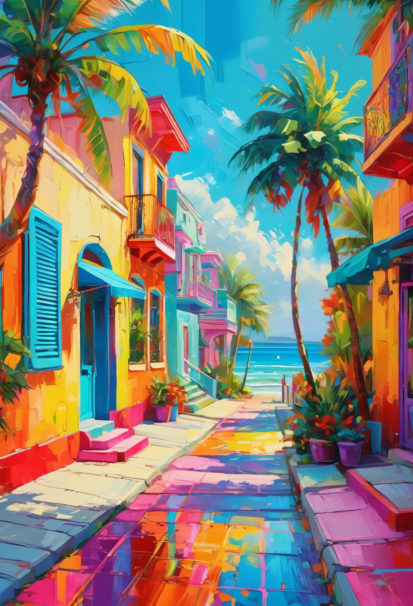 Colorful street painting with sea view and palm trees, Art paintings by Marie Bashkirtsev, Shutterstock, neo-fauvism, summer street near a beach, Colourful and detailed, Colors of South Beach, Dmitry Spiros, Beautiful art UHD 4K, Rich, picturesque colors, beautiful colorful, Colorful scenes, beautiful and colorful