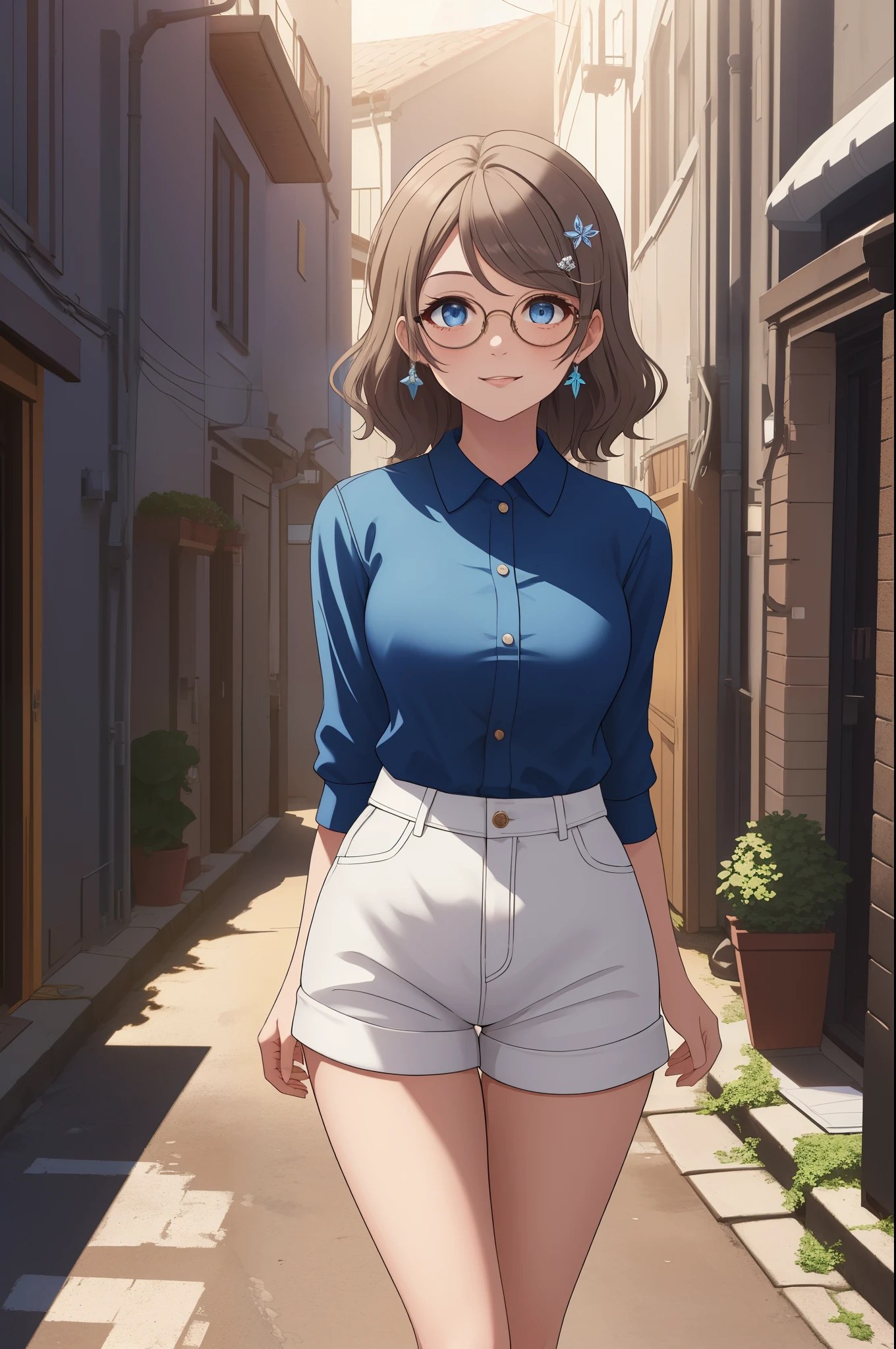 (Masterpiece, Best Quality, High Quality), volumetric lighting, illustration, beautiful, perfect lighting, perfect shadows,dynamic camera angl,pov,Watanabe you, white shorts, blouse, hair ornaments, glasses,half sleeves, arms behind back,in narrow alley, thighs , warm smile, blue eyes