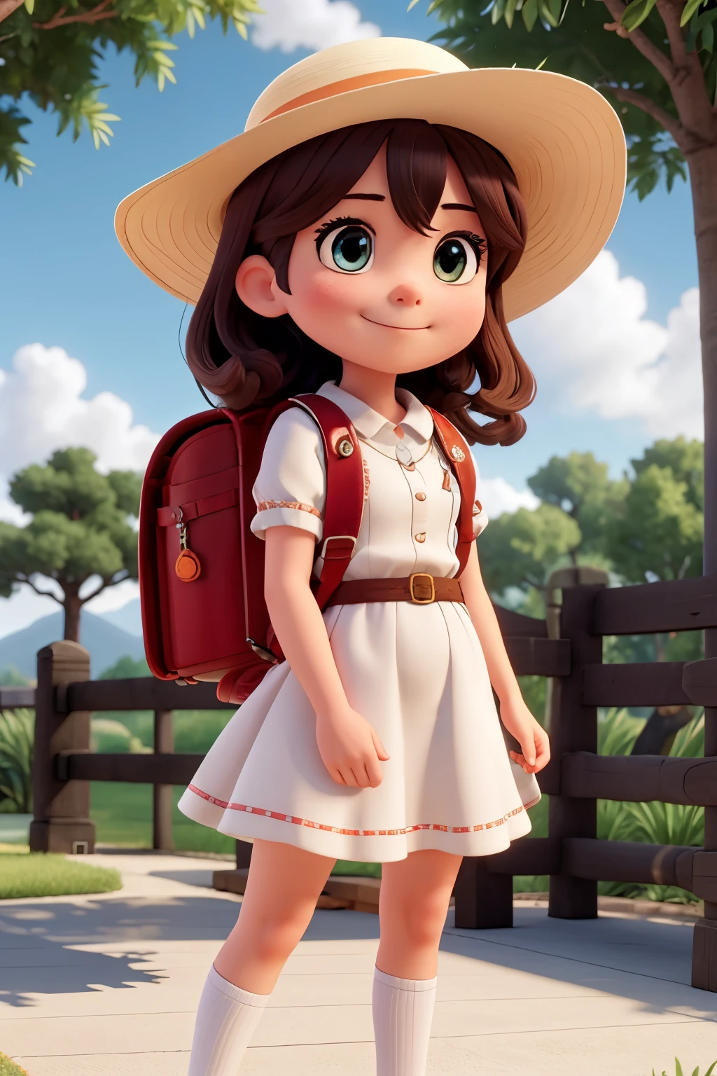 masterpiece, best quality, high resolution, extremely detailed, detailed background, cinematic lighting, 1girl, looking at viewer, park, white dress, sun hat, smile, wearing  randoseru backpack, (randoseru backpack:1.0), standing, outdoor 