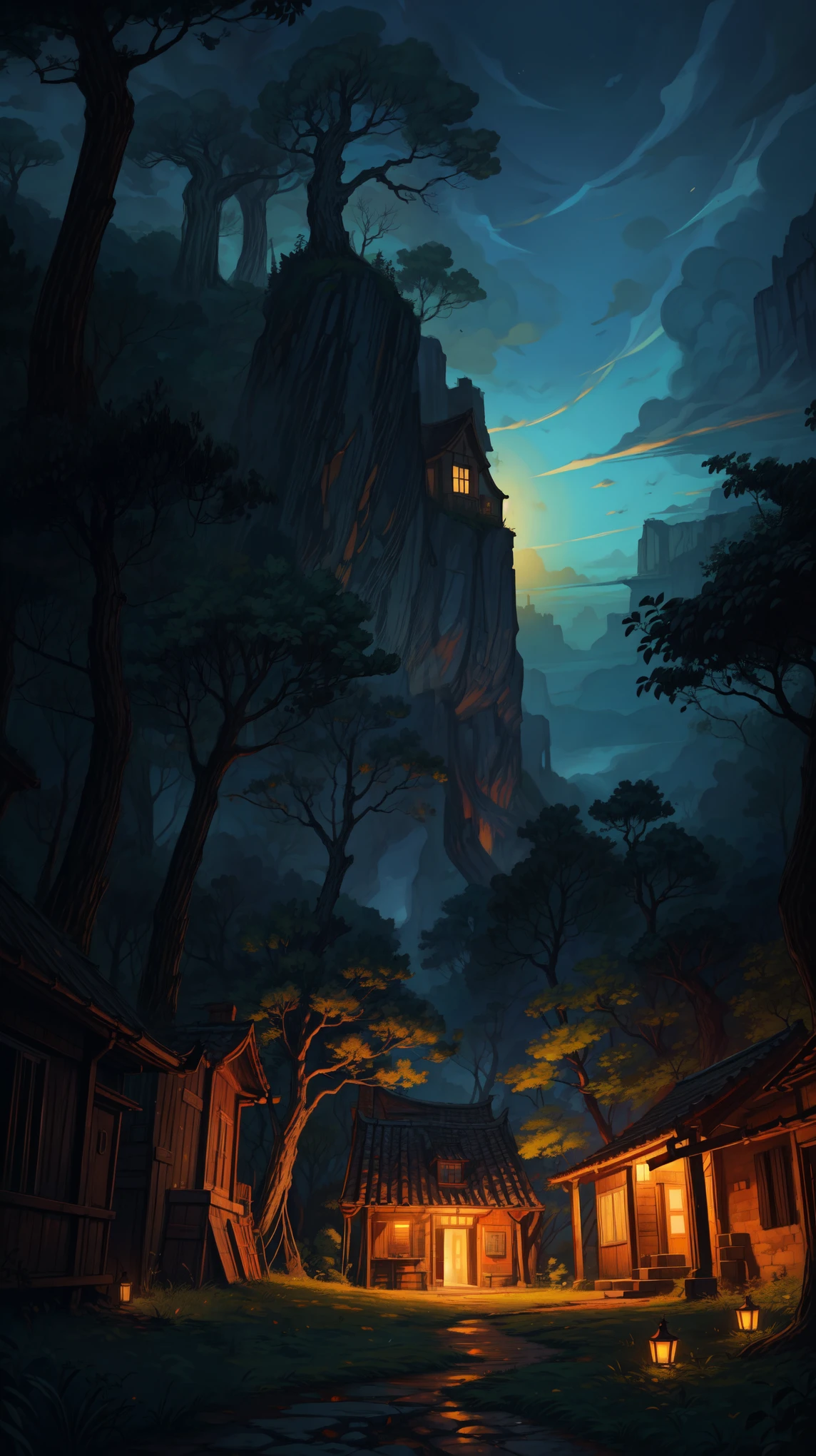 wide view, a scenery from another dimension, mystical, evening time, dim light, futuristic, thick lines, cozy tones, unique trees, mystical world, dramatic sky, magical, shade, shadow, ghibli style, outdoors, cozy atmosphere, micro landscape, intrinsic details