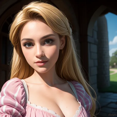 masterpiece, best quality, rapunzel, long pink dress, blonde hair, cleavage, looking at viewer, sexy smirk, in a tower, cowboy s...