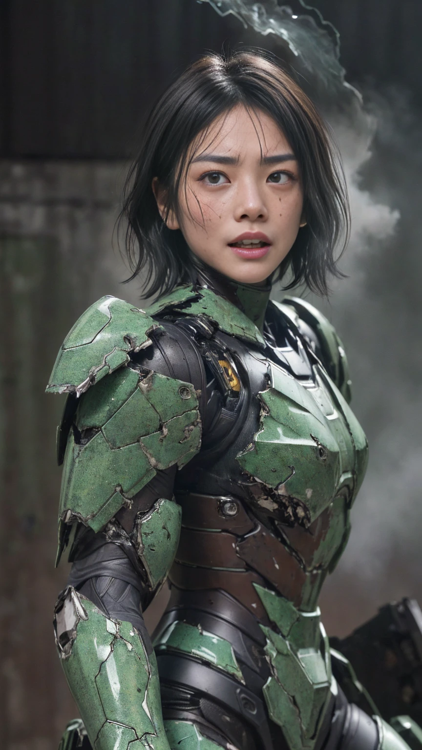 Rough skin, Very detailed, Advanced Details, high quality, 最high quality, High resolution, 1080p 、、Sexy Eyes、wearing green and black、cute((My whole body is sweating))(Wearing damaged combat gear....)(Dark green armor)(Broken Armor)Black Hair、(Shattered armor)Chiquita、short hair、Open your mouth、Painful expression、It hurts again、Healthy Skin、20-year-old women　　(Steam coming out of the face) ((Steam coming out of the body)) 　Unable to fight　severe convulsions　Only the eye area of the full-face helmet was damaged....　True Face　freckles　Don&#39;Don&#39;Don&#39;don&#39;t expose your skin　1 female　Full body portrait　Transformers Armor