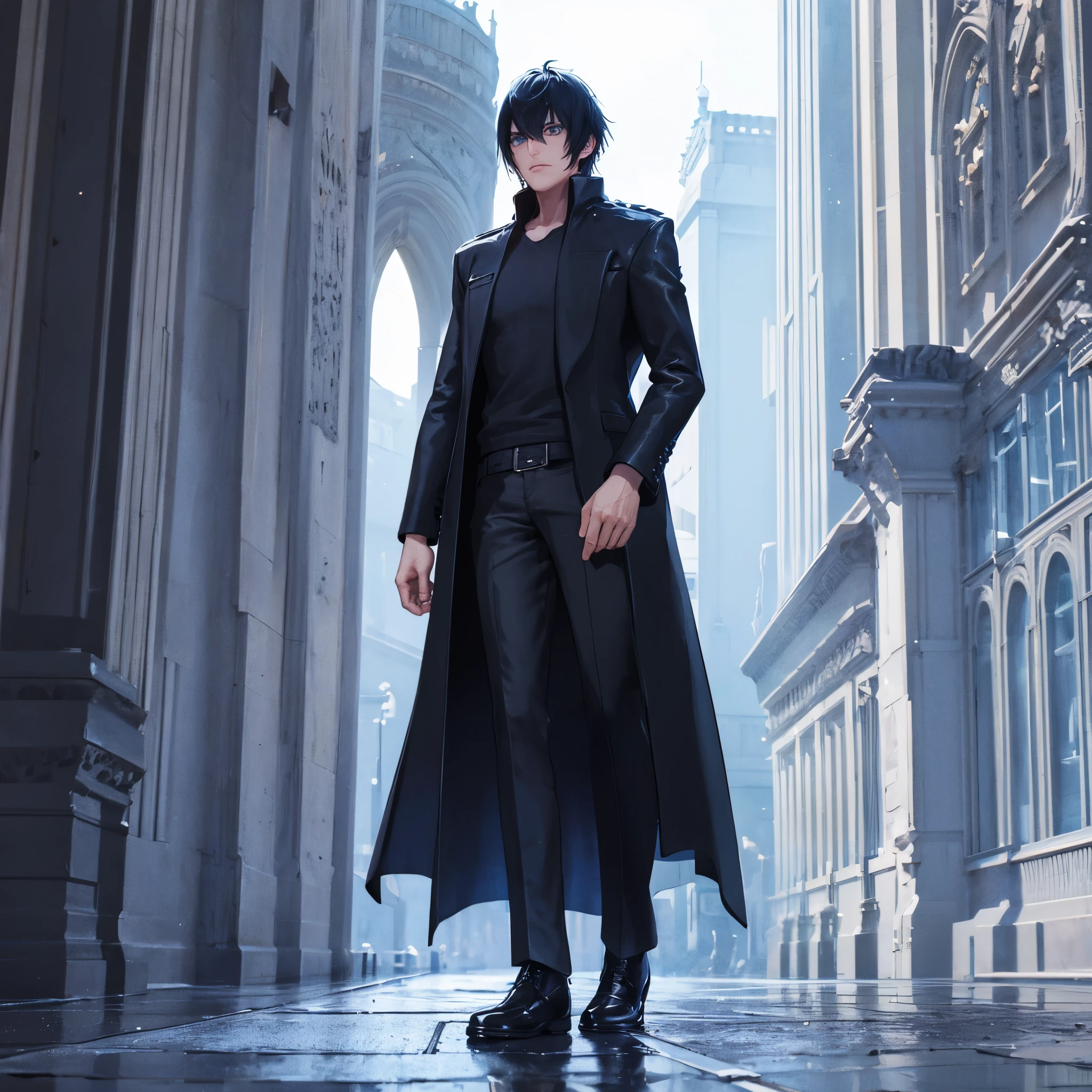 A man with black hair, wearing a black coat, black shirt, black pants, with a blue aura around him, blue eyes, serious face, outside a castle, a giant castle with white, futuristic architecture, full body. (man solo)




