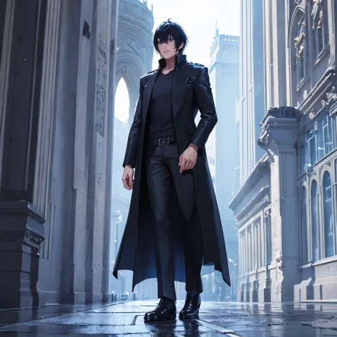 a man with black hair, wearing a black coat, black shirt, black pants, with a blue aura around him, blue eyes, serious face, out...