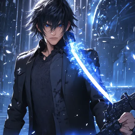 a man with black hair, wearing a black coat, black shirt, black pants, holding a sword, with a blue aura around him, blue eyes, ...