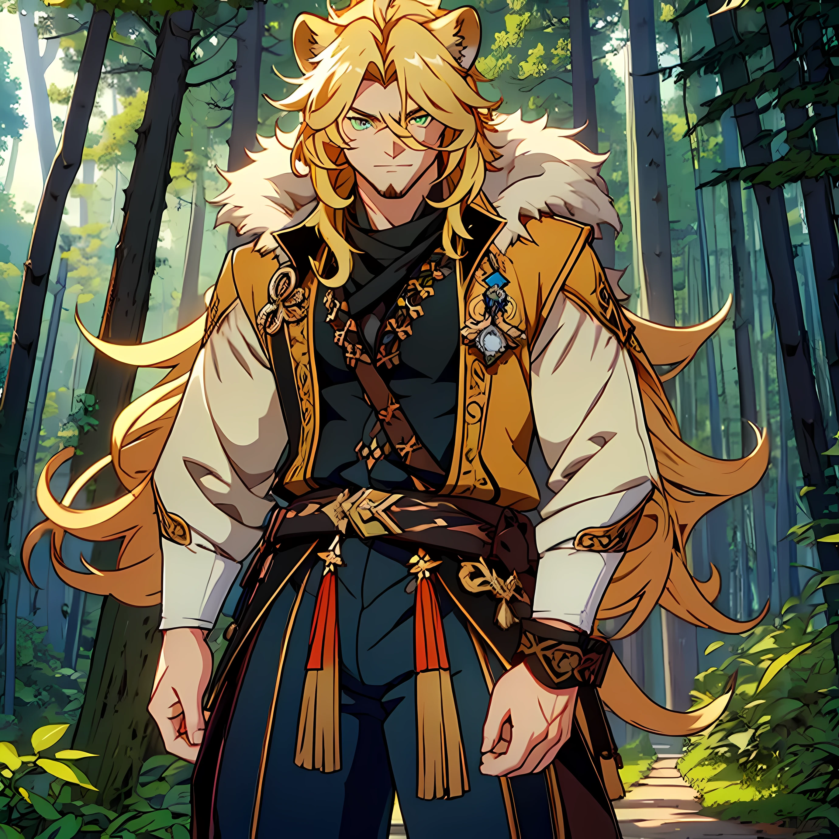 ((One male)), lion ears, very long hair, blond, blond hair, green eyes, tall, (muscular), ((fur lined coat)), beautiful face, ((highest quality)), ((masterpiece)), (2d), ((anime)), (perfect face), ((highest detail)), stubble, lion tail, wavy hair, ((far shot)), (intricate details), claws, ((solo)), ((five fingers)), cargo pants, boots, full body, (detailed eyes), ((forest background)), modern setting