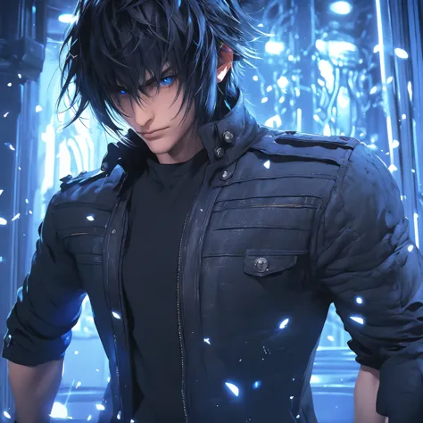 a man with black hair, wearing a black coat, black shirt, black pants, with a blue aura around him, blue eyes, a serious face, i...