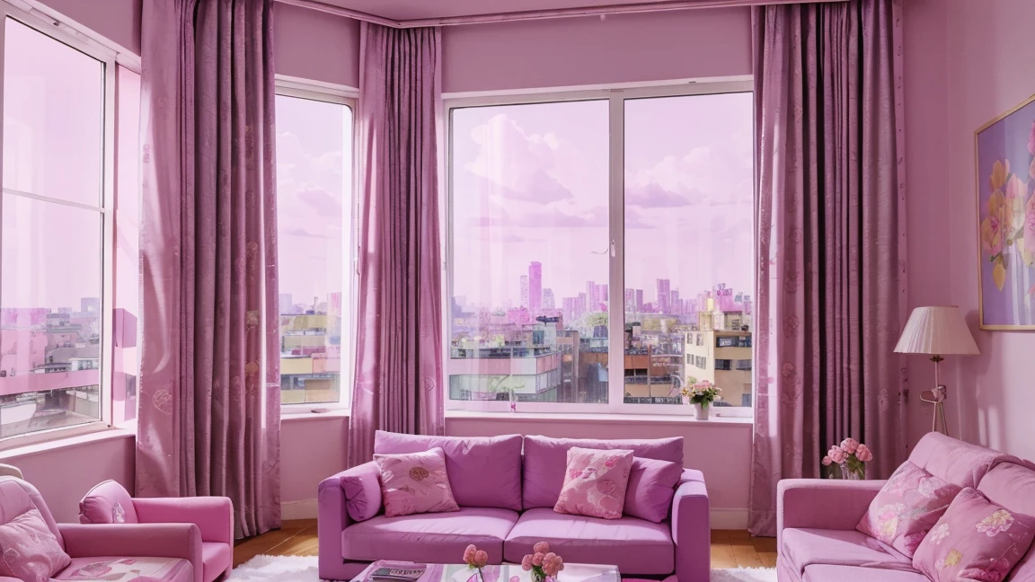 Illustration in cartoon style、Solid Paint、Room with large windows overlooking the city at night、Neon color based on purple, pink,  living room, living room, large room; pink flowers everywhere; pink roses in vases; pink curtains; pink living room; big living room; rich persons living room, 