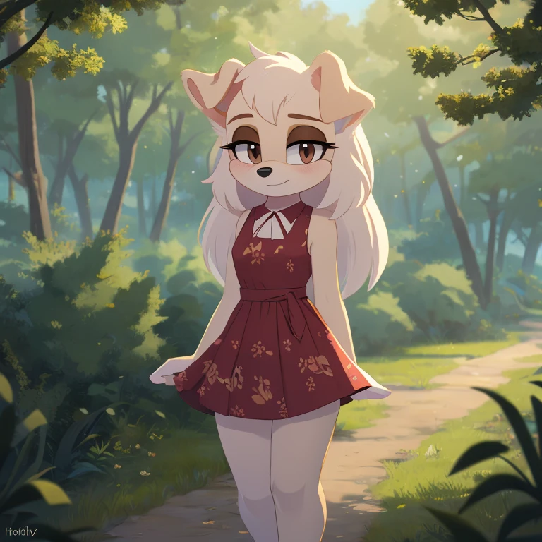 1girl, white borzoi dog, ((Mobian)),  (2d art, cel shading), dog ears,  tall tail, white hair, long hair, (white ears), (floppy ears), brown eyes, white fur, ((brown eyelids)), WhiteSlavic, Slavic, red pattern dress, forest,  masterpiece, 4k, high quality, studio quality, extreme detail,  perfect detail, max detail, 