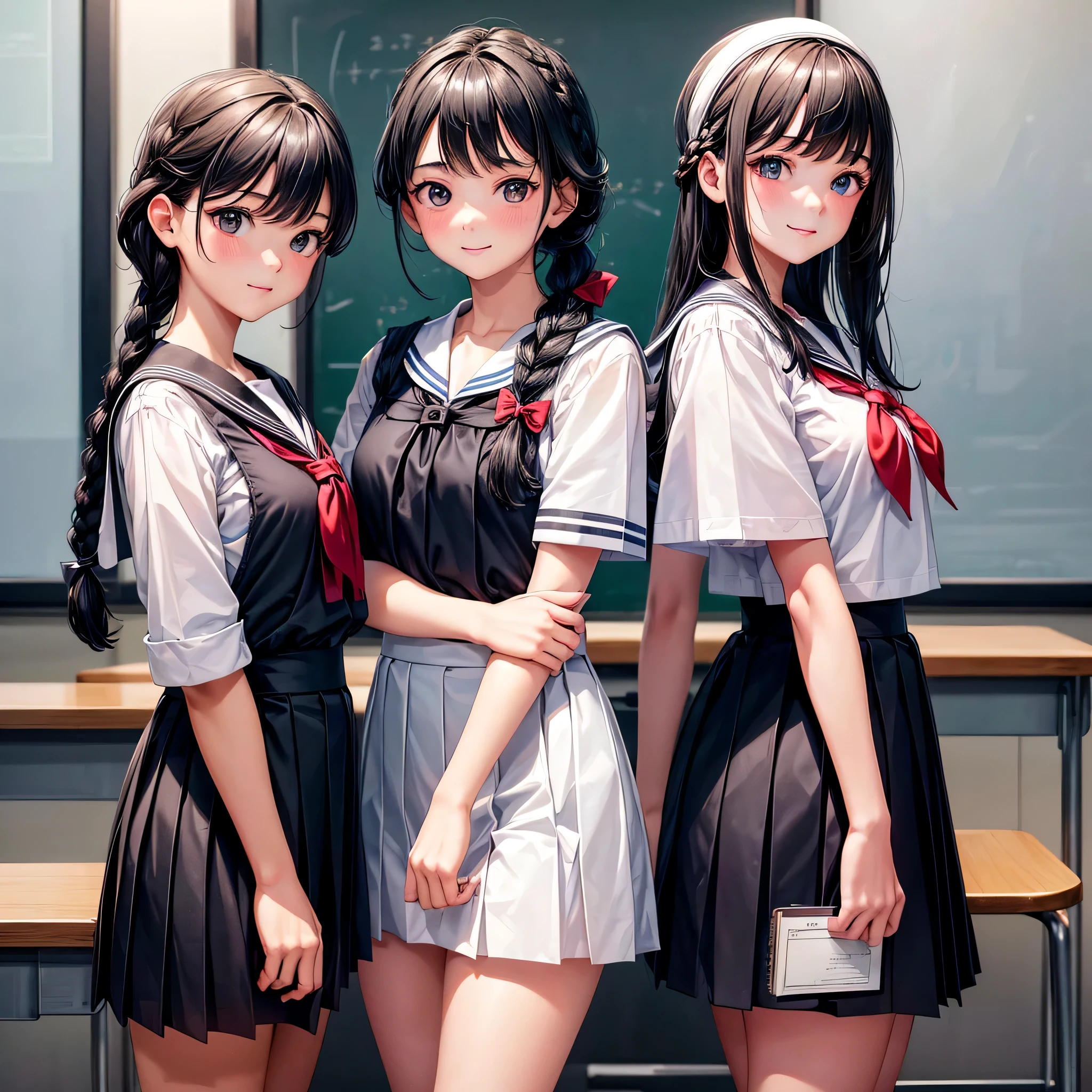 upper body (3 girls, cute triplet:1.3 girls, Braid black hair) ((15 yo)) (in a summer school Sailor suit, skirt), best smile, in the school class room,  break, perfect anatomy, masterpiece:1.2, best quality, 8k, beautiful detailed grow, daydreaming expression,