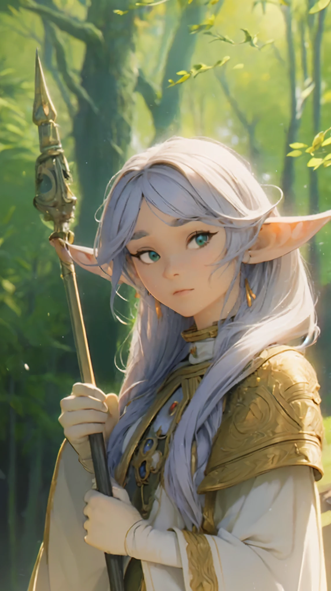 (best quality,4k,highres,masterpiece:1.2),ultra-detailed,realistic, anatomically correct，frieren，front view，detailed eyes,detailed lips,long eyelashes,beautiful girl,fantasy theme,enchanted forest,magical atmosphere,morning light,fairy tale,soft color palette,natural elements,mossy trees,whimsical creatures, ethereal glow,mystical staff,flowing robes,delicate features,wavy hair,rays of sunlight,serene expression,positional light,subtle shadows,artistic brushstrokes,dreamlike texture,depth and dimension,impressive level of detail,radiant beauty,vivid colors,fantasy world,peaceful ambiance，