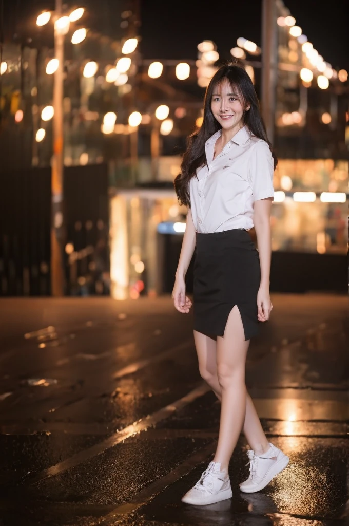 best quality, 8k, highly detailed face and skin texture, high resolution, cute asian girl in white shirt and black short skirt in city at night, sharp focus