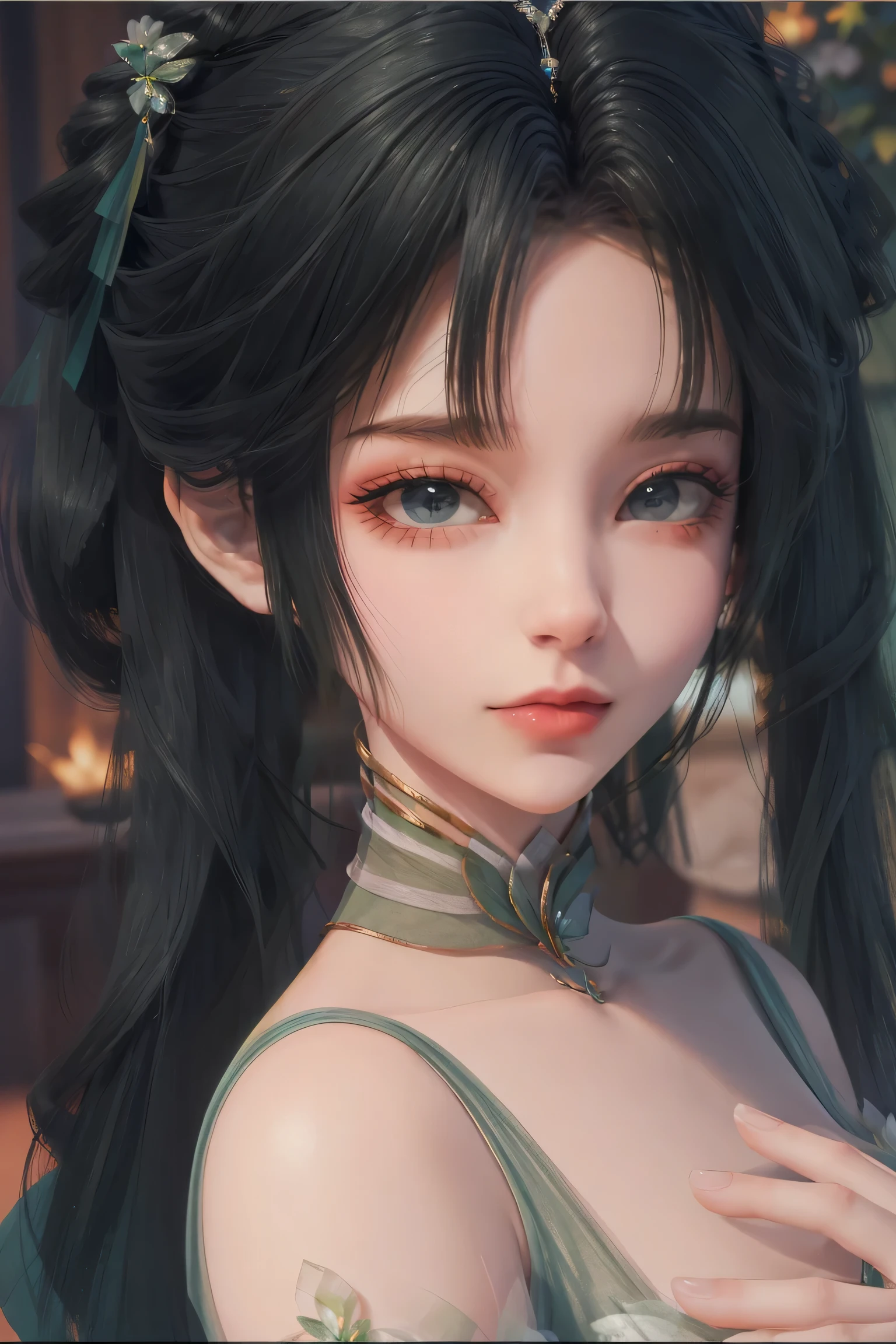 （（Best picture quality，8K，masterpiece：1.3）），1 girl，Double ponytail hairstyle，Good-looking hair accessories，Princess dress（Green Dress）：1.1，Super thin face，exquisite eyes，Double eyelids，Happy smile，Home，Upper Body