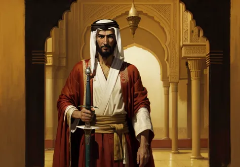 painting of a man in a red robe holding a sword, a fine art painting by george b. bridgman, shutterstock, fine art, an arab stan...