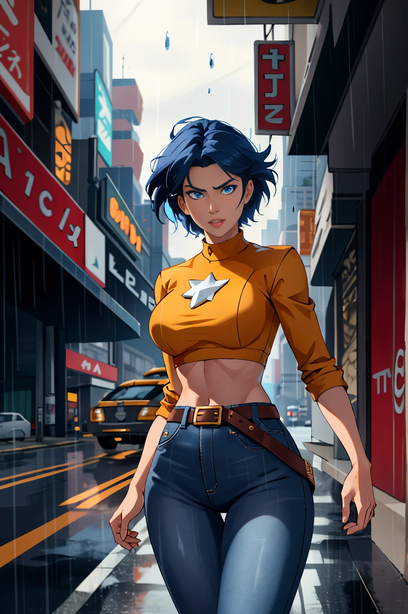 maryms, Best Quality,(beauty), 1girl,phisically-based render ,ultra highres,(cowboy shot:1.5),narrow waist, skinny, LeonaMS , big blue eyes,long legs,jeans,leather belt,big breasts,puffy eyes, leather belt,(rainy city), shiny skin, facing viewer, excited to fight