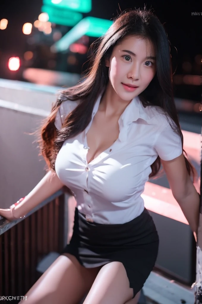 best quality, 8k, highly detailed face and skin texture, high resolution, big  cute asian girl in white shirt and black short skirt under neon light, sharp focus