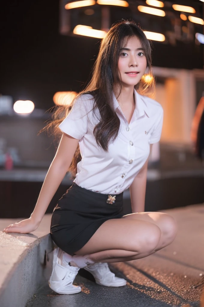 best quality, 8k, highly detailed face and skin texture, high resolution, big  cute asian girl in white shirt and black short skirt under neon light, sharp focus