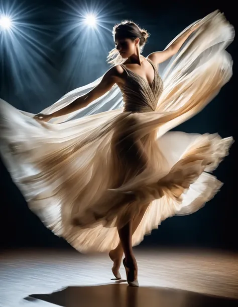 Motion blur portrait, full body portrait, low speed photography of A beautiful woman dancing theater stage, she works to free he...