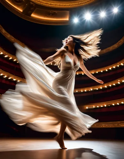 Motion blur portrait, full body portrait, low speed photography of a beautiful woman dancing on a theater stage, flying business...