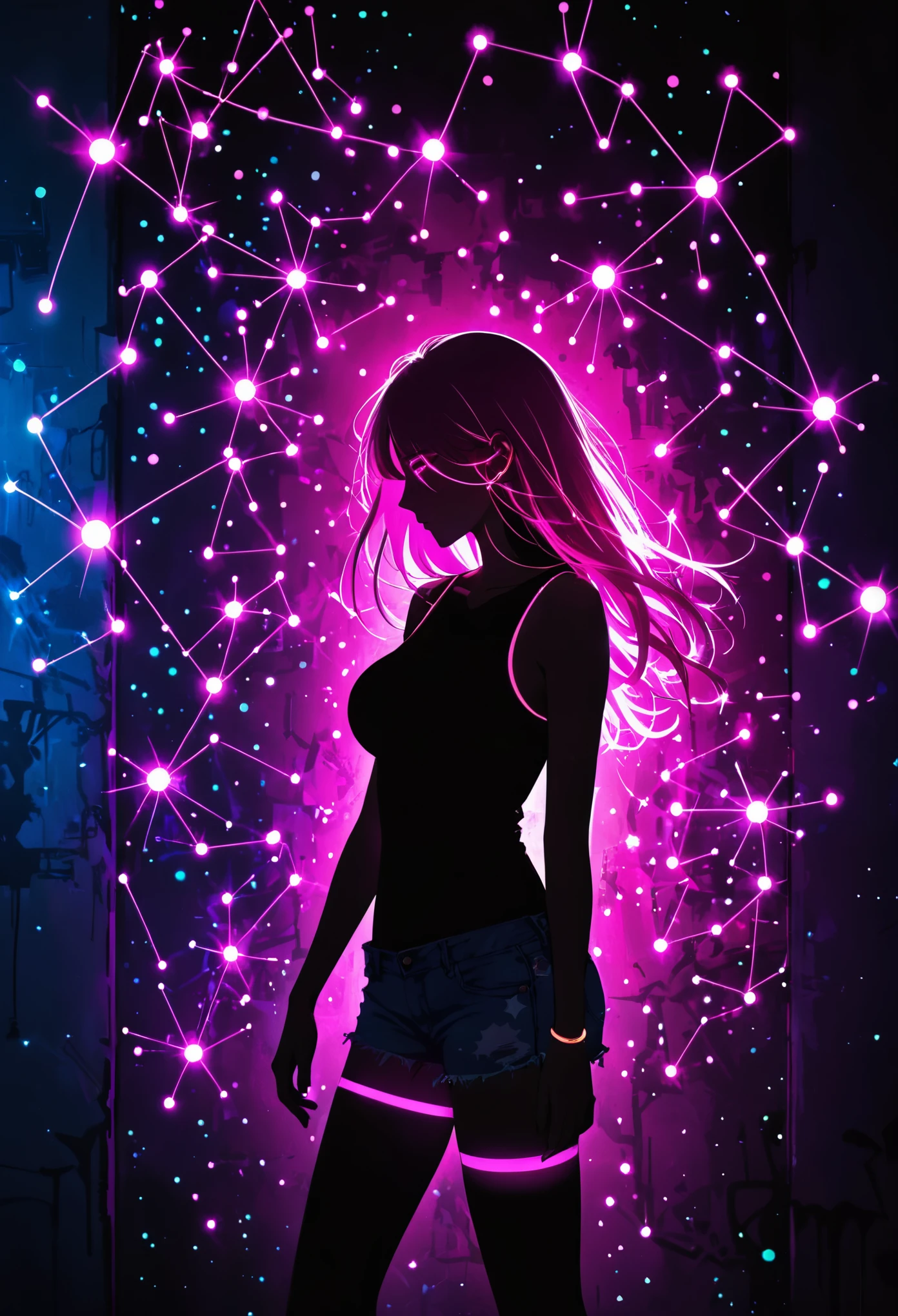 (Pink fluorescent Graffiti of mysterious Libra constellation:2.0)，indoor，Fluorescent illumination， (Darkness shrouded, black background, shadow, extreme darkness, Dark atmosphere：3.0),Wall background，black background，silhouette，shadow，extreme darknesinimalist graffiti style background，Fluorescent pink eye graffiti，Dark atmosphere，cowboy shot,1girl,(shortest Short shirt cutting1.8)，huge Breast，long nipple,nipple embossment,underboob，blurred background，Blurred foreground，Pink fluorescent hair，Fluorescent pink eyes，Hand raised and touching hair，long hair，Messy hair, Low rise denim shorts,Over-the-knee boots，pink eye glowing，Ruined eyeshadow，Poker face
