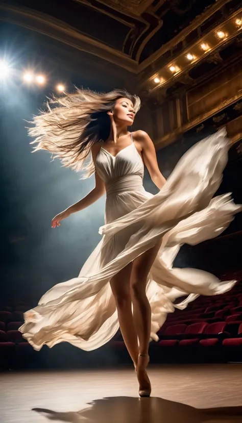 motion blur portrait, full body portrait, low speed photography of a beautiful woman dancing on a theater stage, flying business...