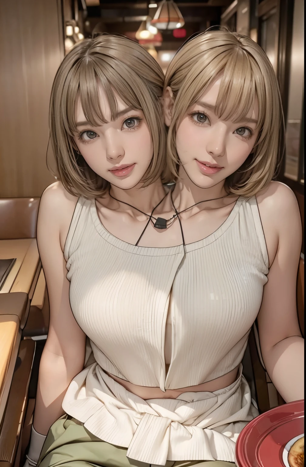 1girl, 21 years old,  couple focus ,    japanese girl ,  (smile:0.7) ,  Upper body, Please think back, black boat-neck top, midriff, olive green cargo pants, grinning smile, short hair, curtain bangs, blonde hair , sitting at a restaurant table, night time, on a date, (high color saturation:1.0),  (highly detailed skin), (highest quality:1.0), (ultra high resolution:1.0) ,(realistic:1.0), (Super detailed:1.0), (8K, RAW photo:1.1), conjoined_dicephalus, (two heads:1.2)