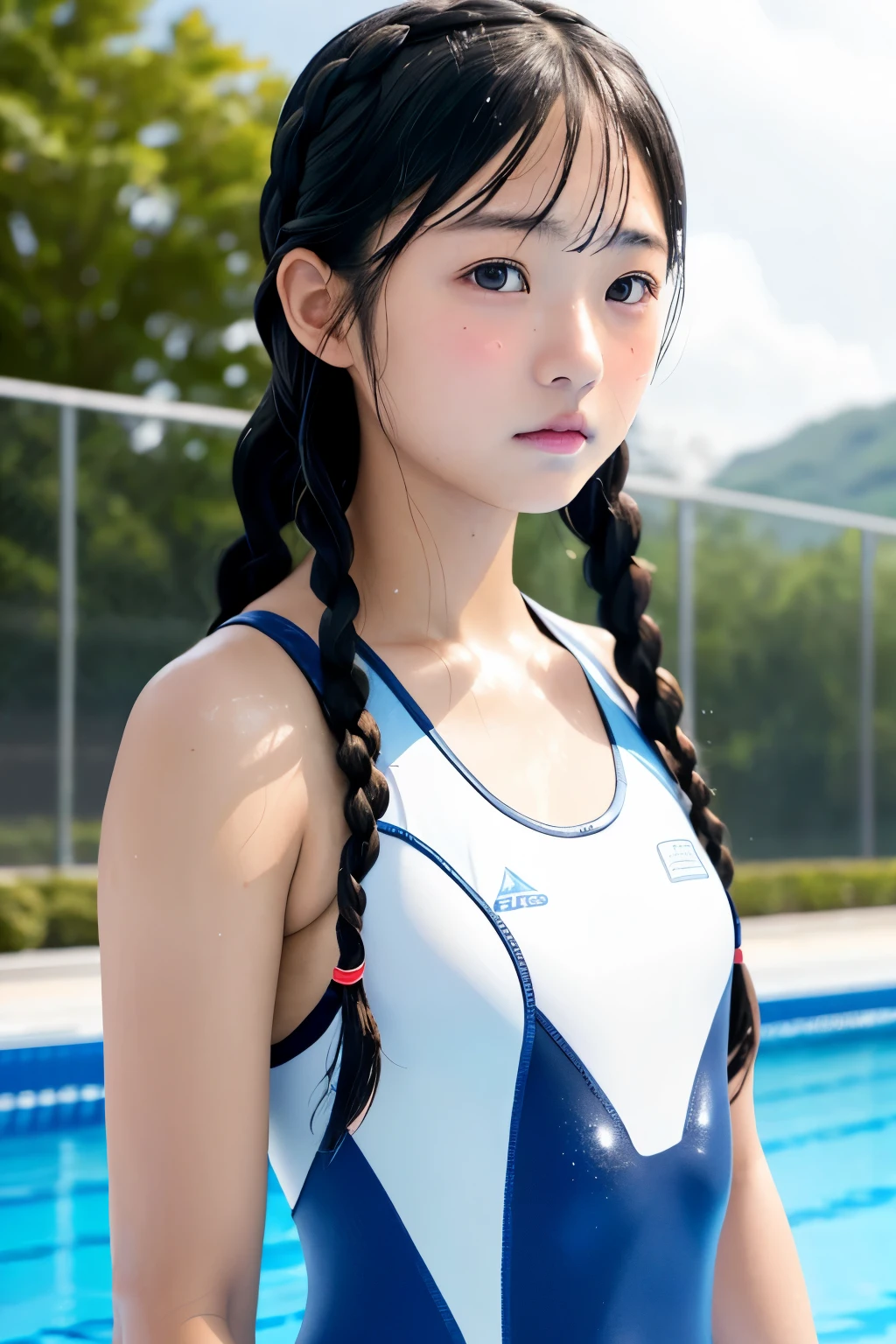 twin braids、A cute 16-year-old Japanese girl、(Masterpiece:1.3)、High resolution、Super detailed、High detail、highest quality、、(Real、フォトReal:1.3)、highest quality、Beautiful young woman、Pensive expression、Thoughtful expression、Competitive swimmer、Swimsuit、Cinematic Backgrounds、Light Skin Tone、Wet Skin